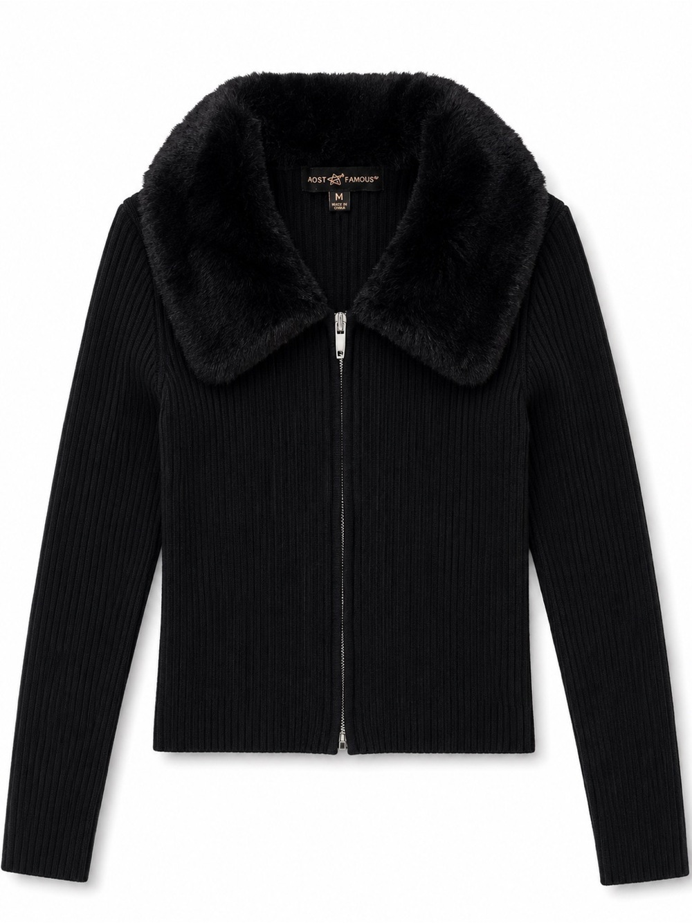 Almost Famous Black Ribbed Zip-Up Jacket with Faux Fur Collar